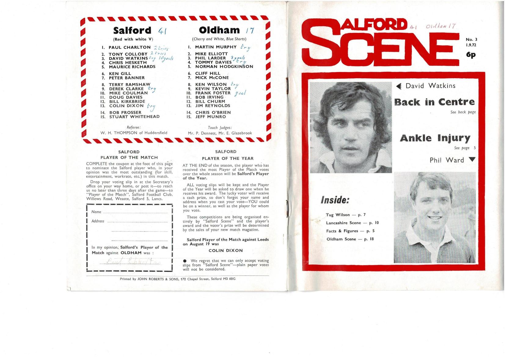 Programme cover: Oldham v Salford, 1 September 1972