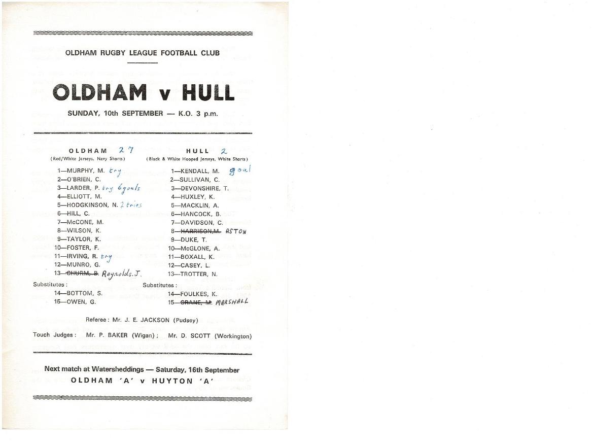 Programme cover: Oldham v Hull FC, 10 September 1972