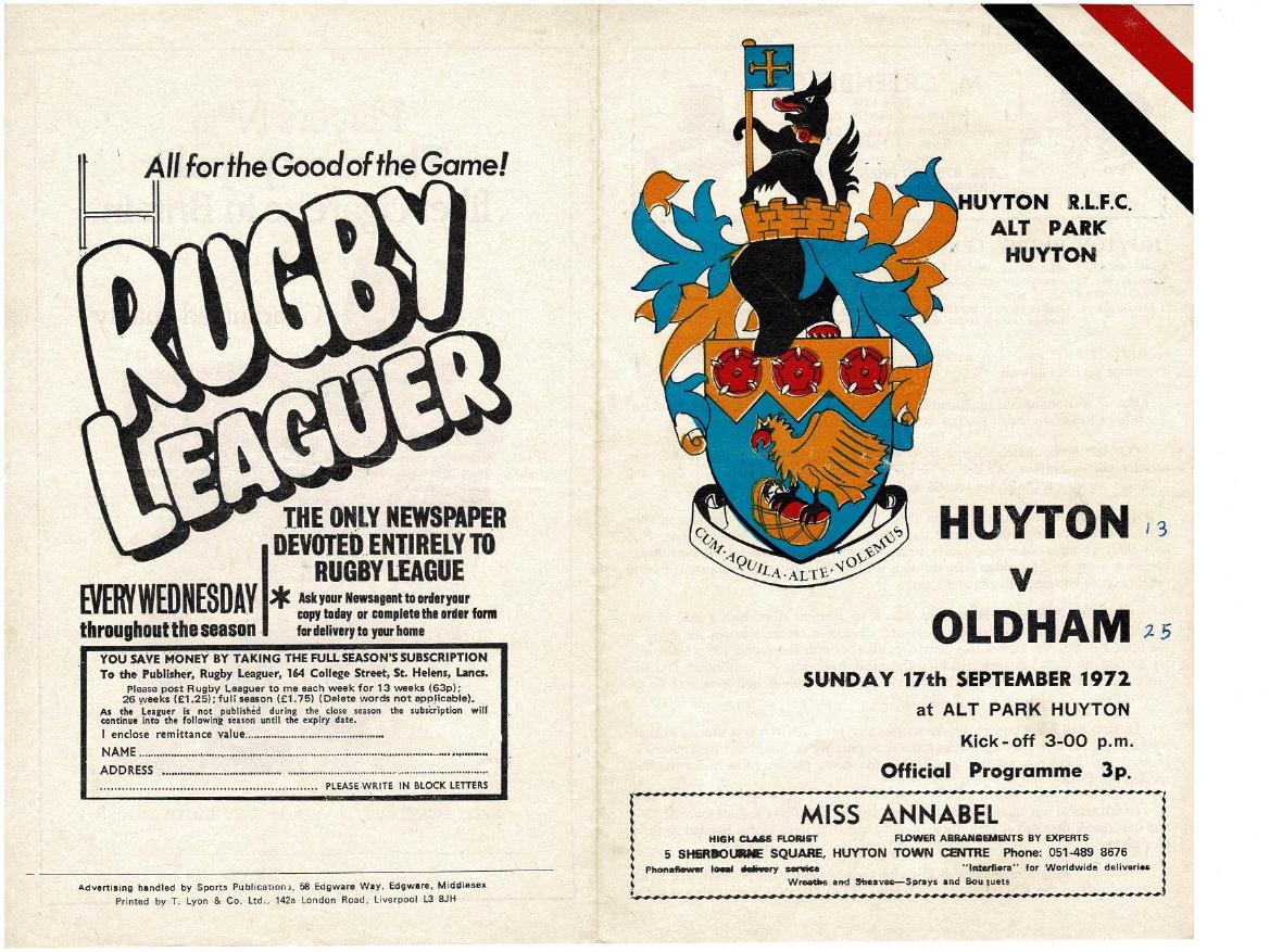 Programme cover: Oldham v Huyton, 17 September 1972