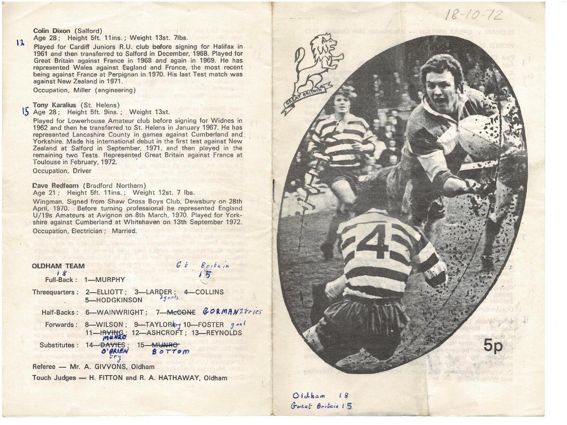 Programme cover: Oldham v Great Britain, 18 October 1972