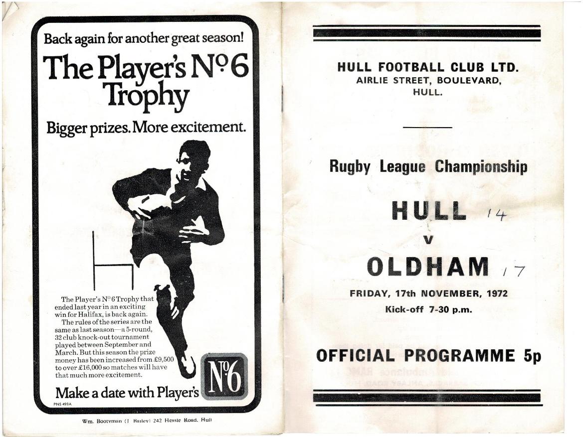 Programme cover: Oldham v Hull FC, 17 November 1972