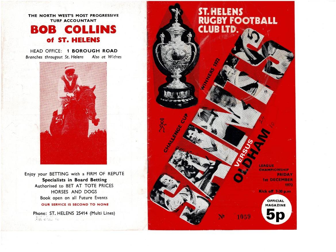 Programme cover: Oldham v St Helens, 1 December 1972