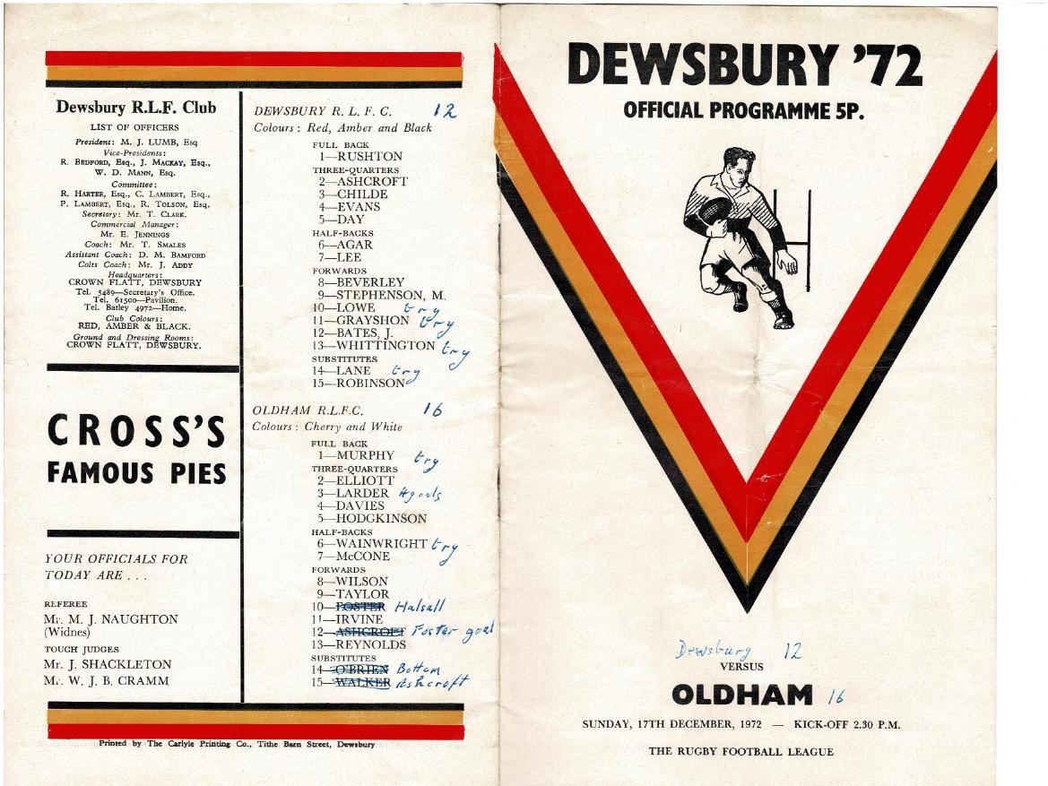 Programme cover: Oldham v Dewsbury, 17 December 1972