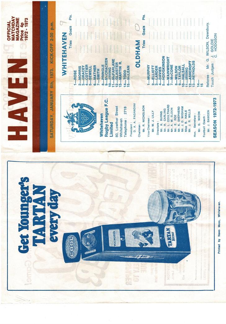 Programme cover: Oldham v Whitehaven, 6 January 1973