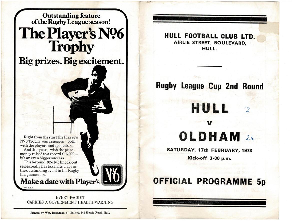 Programme cover: Oldham v Hull FC, 17 February 1973