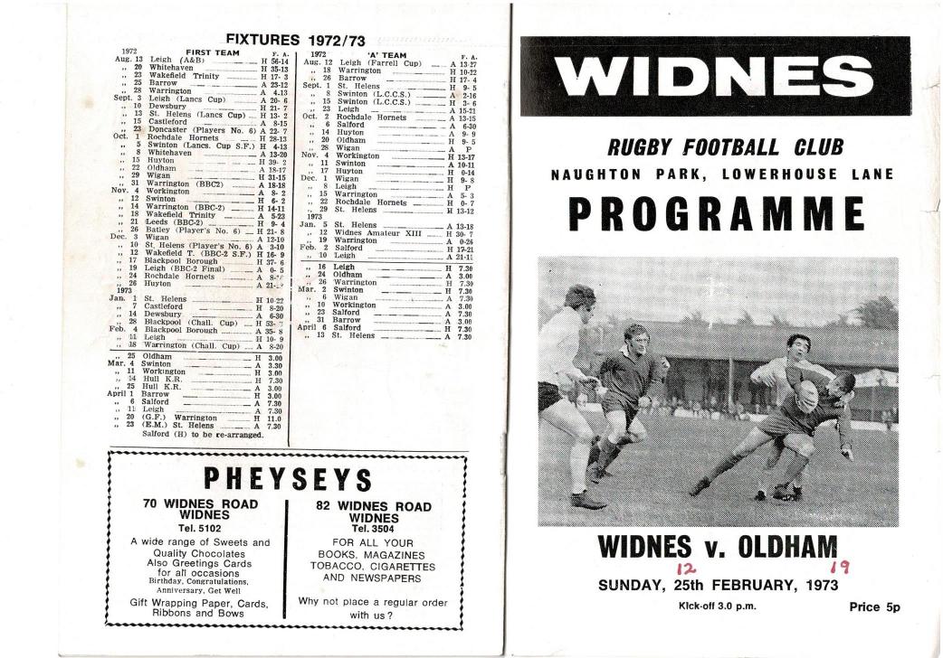 Programme cover: Oldham v Widnes, 25 February 1973