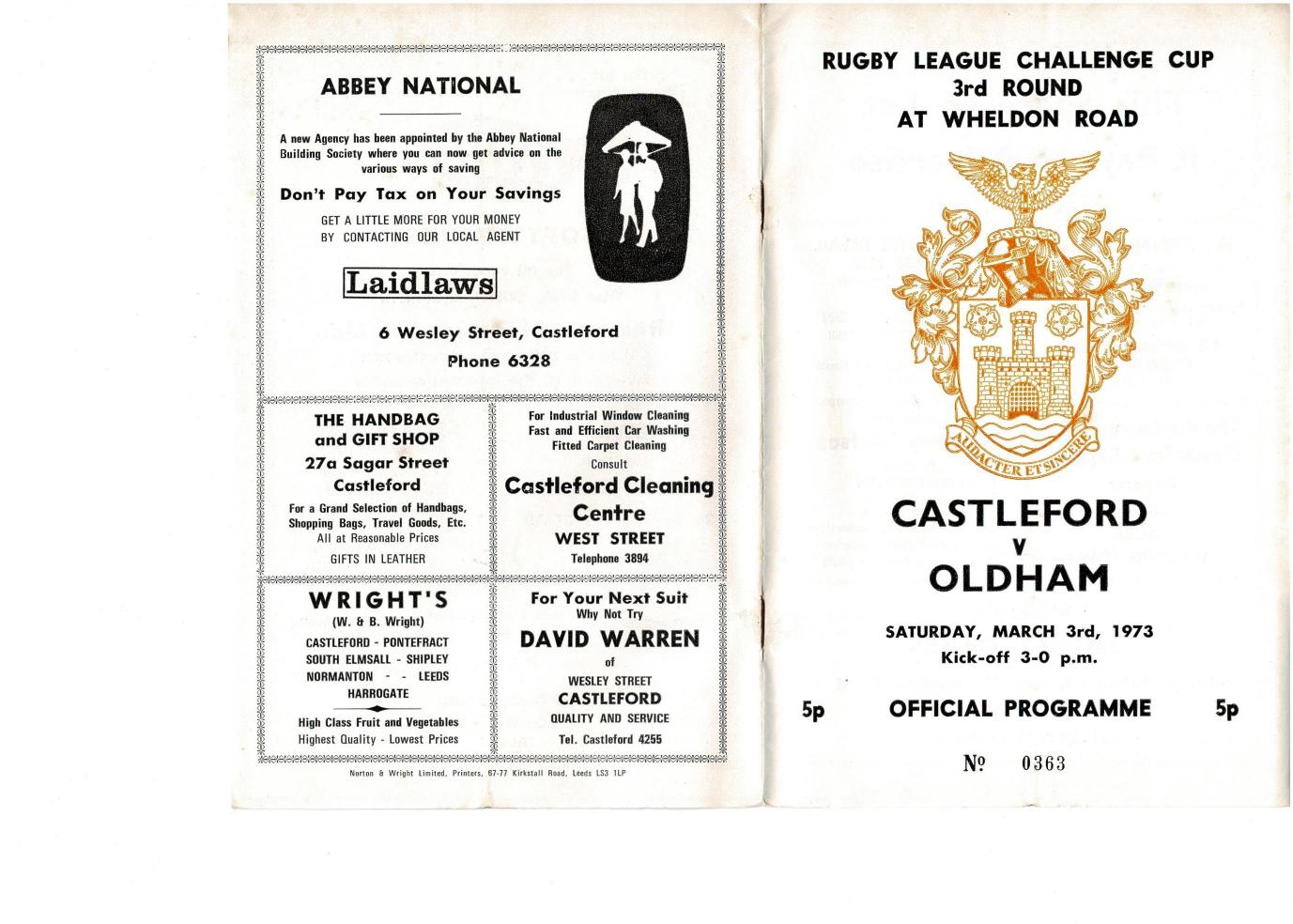 Programme cover: Oldham v Castleford, 3 March 1973