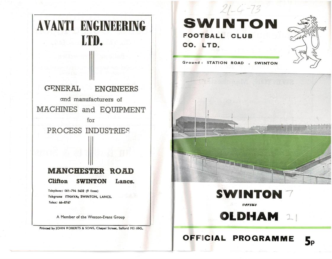 Programme cover: Oldham v Swinton, 21 April 1973