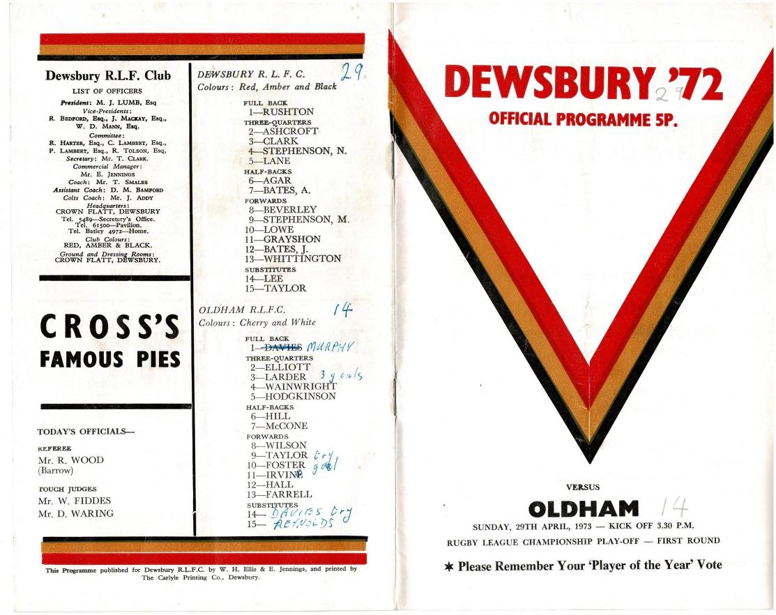 Programme cover: Oldham v Dewsbury, 29 April 1973