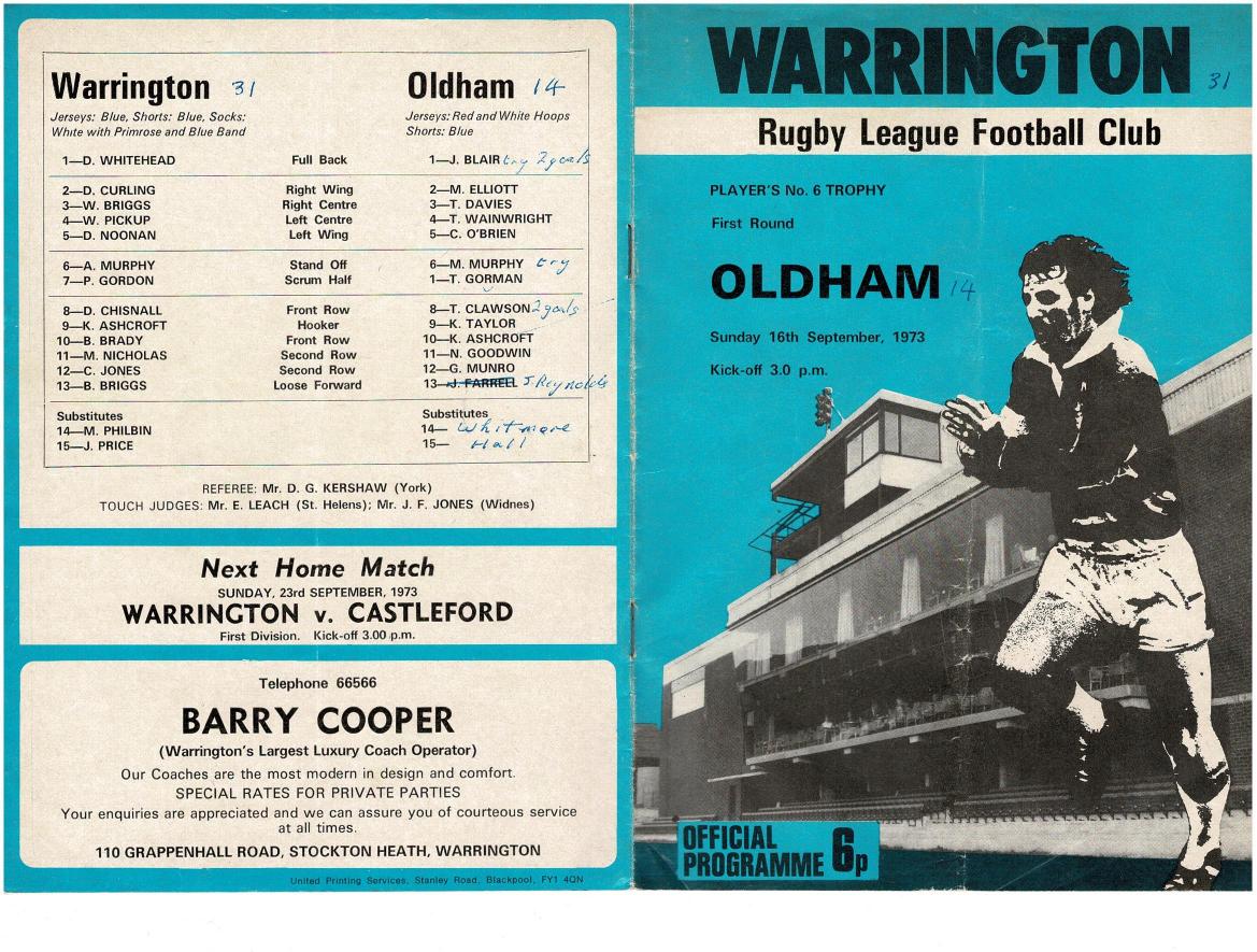 Programme cover: Oldham v Warrington, 16 September 1973