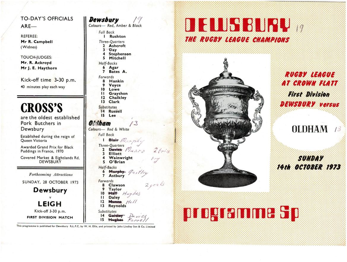 Programme cover: Oldham v Dewsbury, 14 October 1973