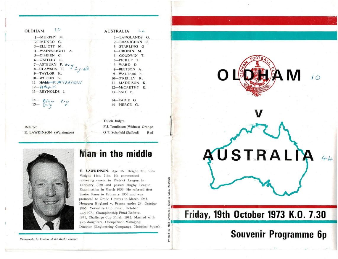 Programme cover: Oldham v Australia, 19 October 1973
