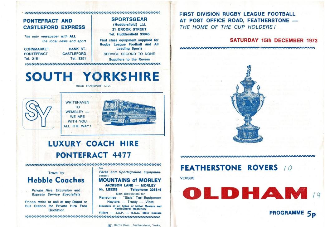 Programme cover: Oldham v Featherstone Rovers, 15 December 1973