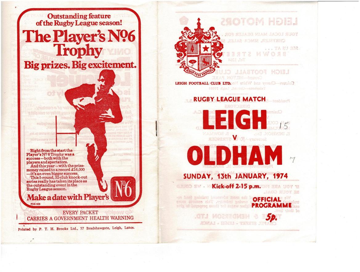 Programme cover: Oldham v Leigh, 13 January 1974
