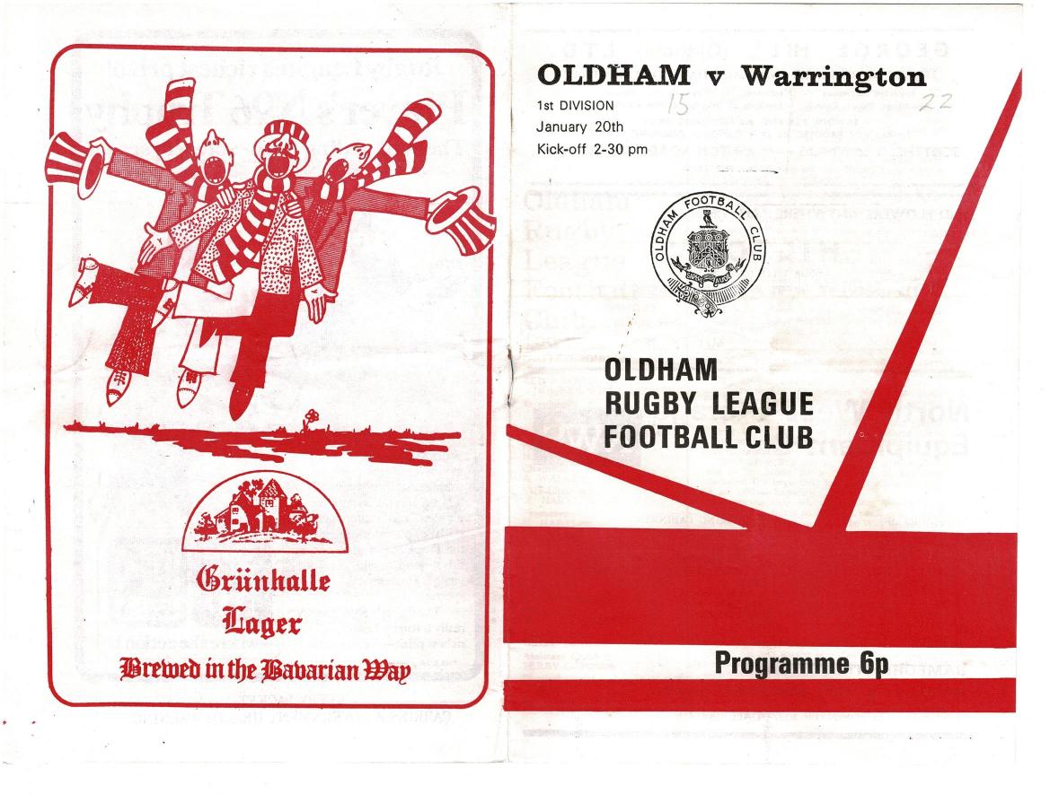 Programme cover: Oldham v Warrington, 20 January 1974