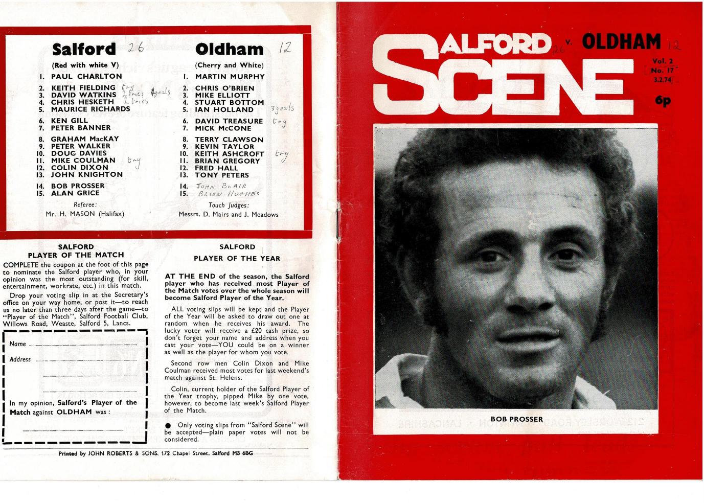 Programme cover: Oldham v Salford, 3 February 1974