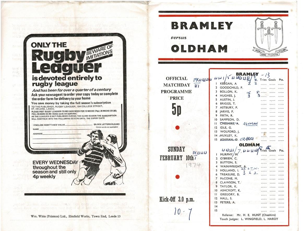 Programme cover: Oldham v Bramley, 10 February 1974