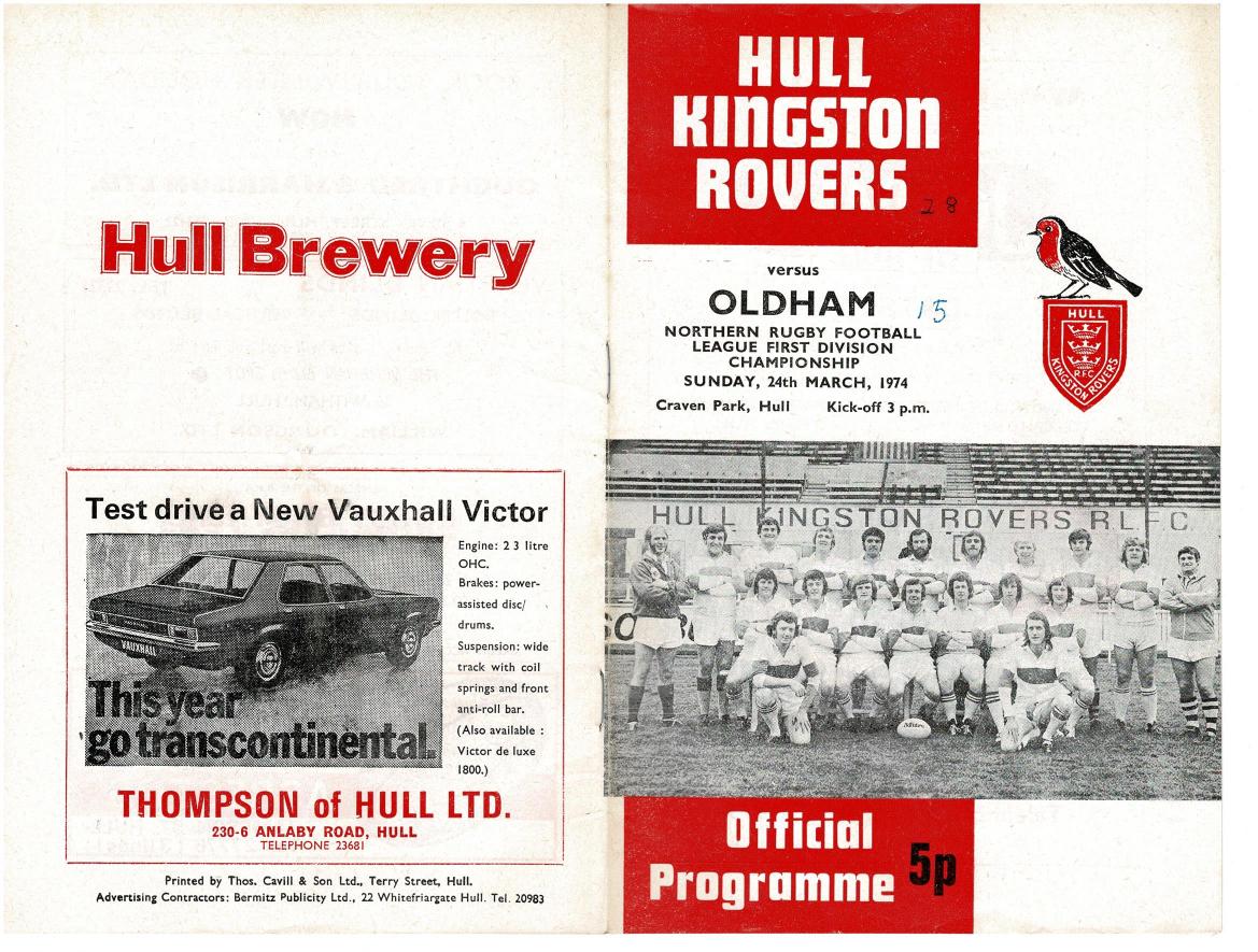 Programme cover: Oldham v Hull Kingston Rovers, 24 March 1974