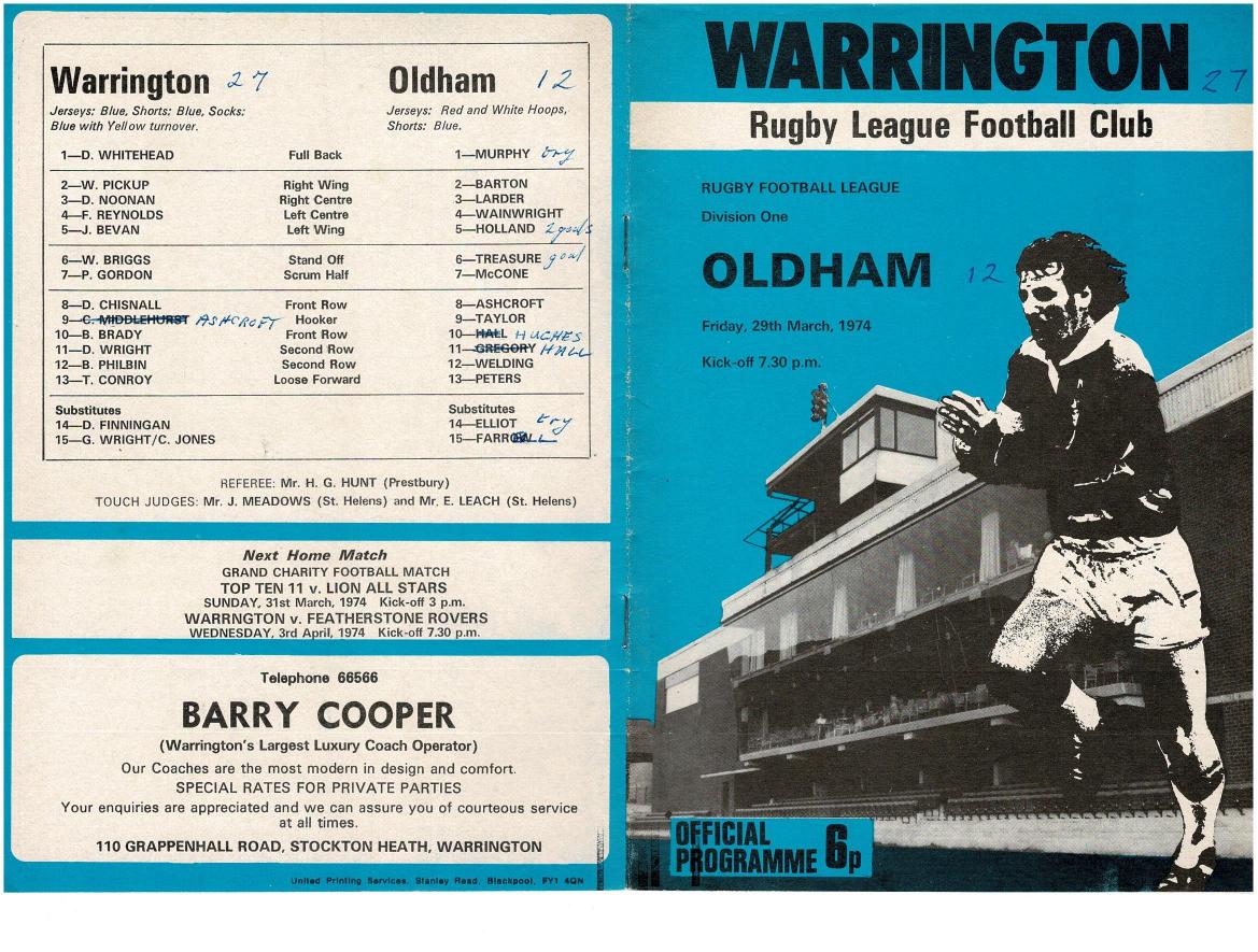 Programme cover: Oldham v Warrington, 29 March 1974