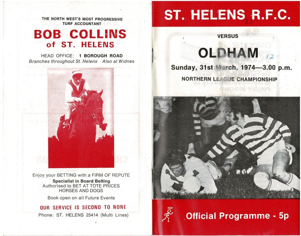 Programme cover: Oldham v St Helens, 31 March 1974