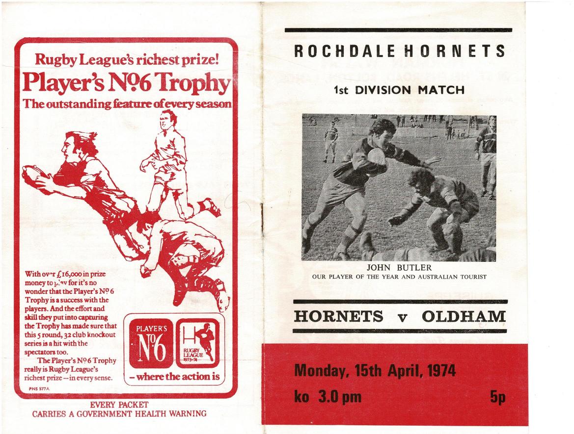 Programme cover: Oldham v Rochdale Hornets, 15 April 1974