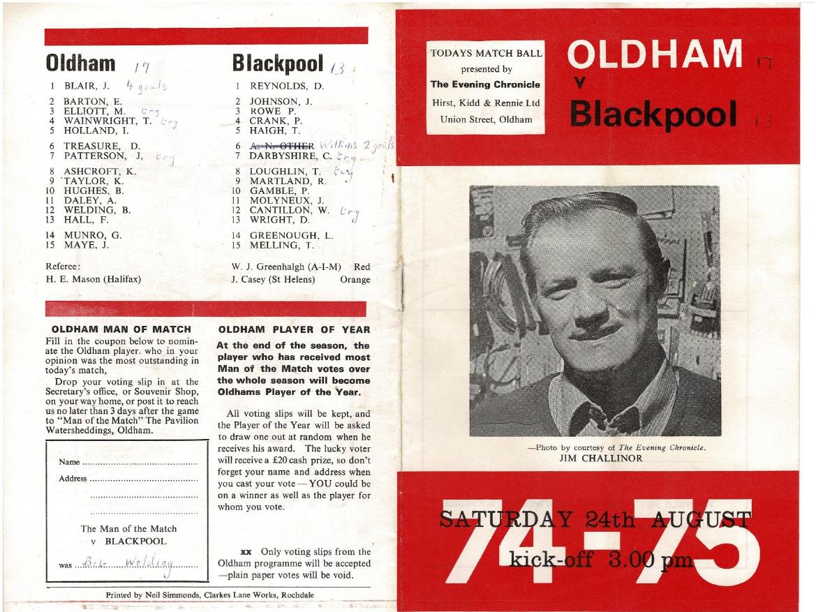 Programme cover: Oldham v Blackpool Borough, 24 August 1974
