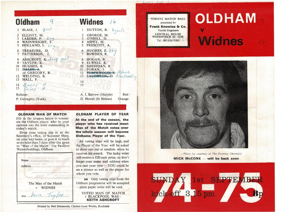 Programme cover: Oldham v Widnes, 1 September 1974