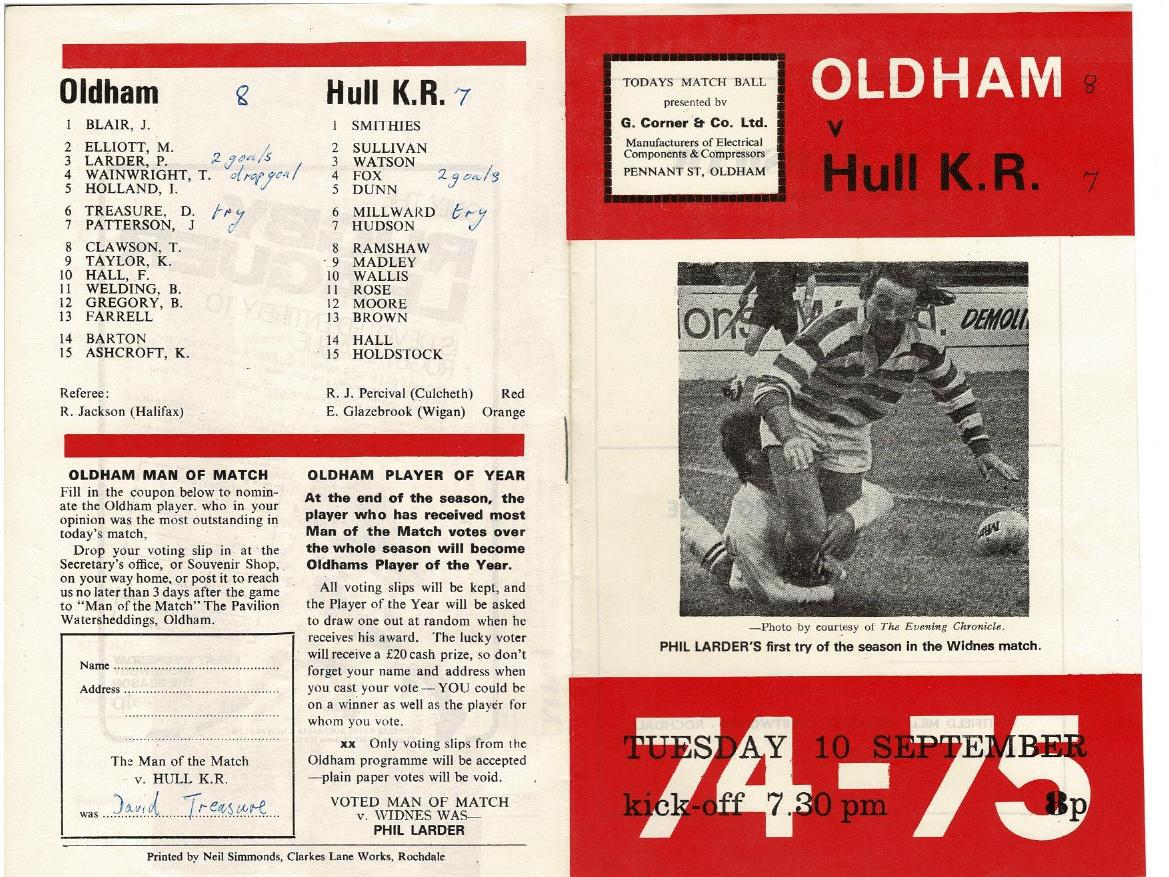 Programme cover: Oldham v Hull Kingston Rovers, 10 September 1974