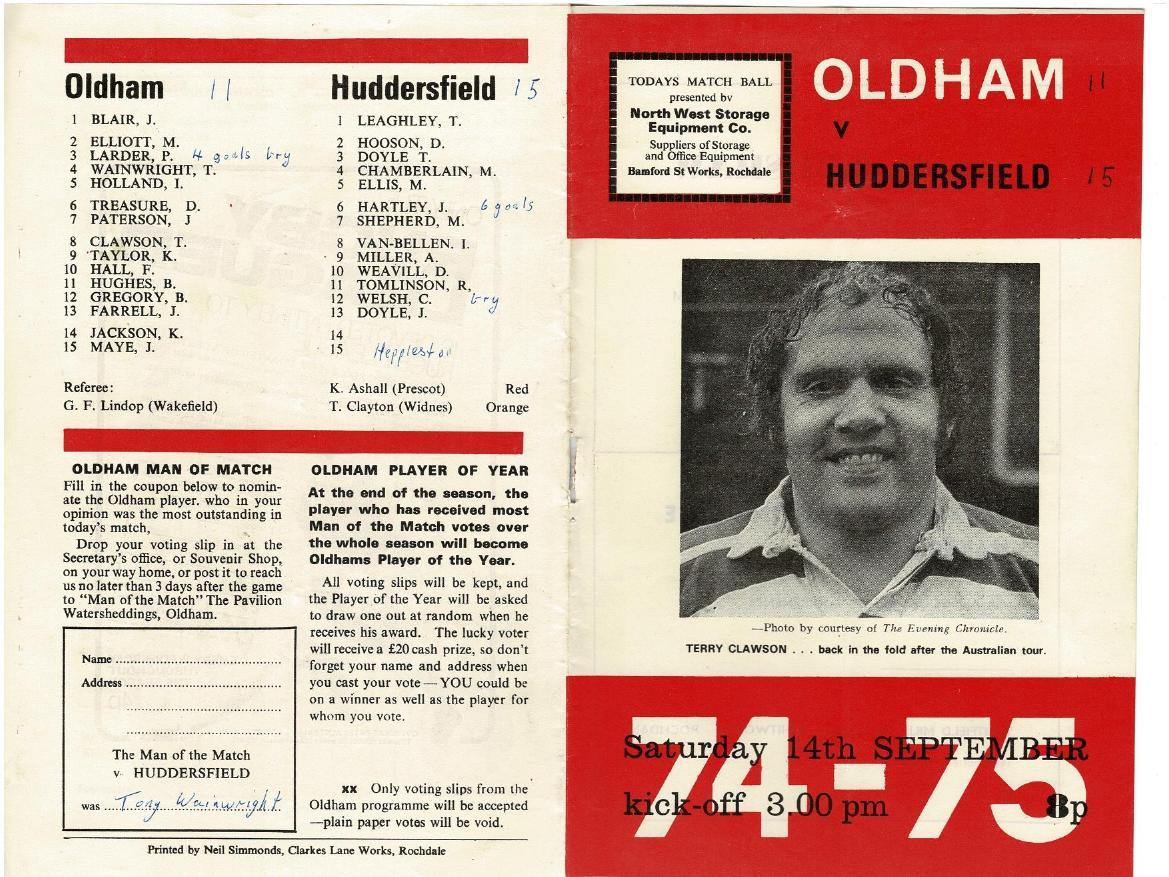 Programme cover: Oldham v Huddersfield, 14 September 1974
