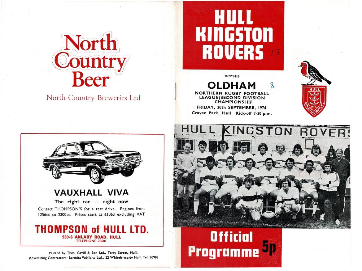 Programme cover: Oldham v Hull Kingston Rovers, 20 September 1974