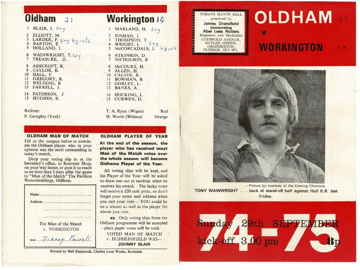 Programme cover: Oldham v Workington Town, 29 September 1974