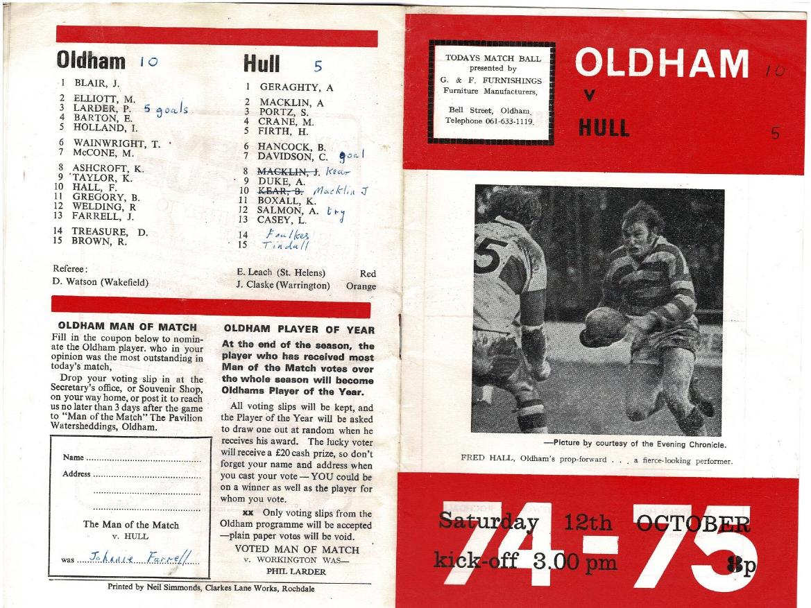 Programme cover: Oldham v Hull FC, 12 October 1974