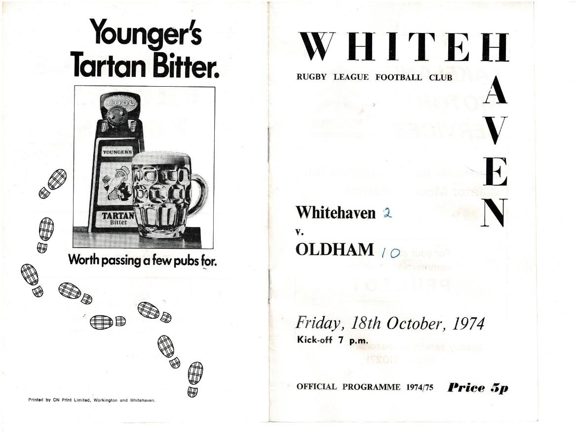 Programme cover: Oldham v Whitehaven, 18 October 1974
