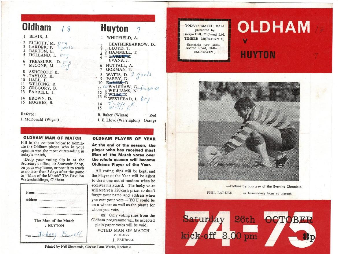 Programme cover: Oldham v Huyton, 26 October 1974