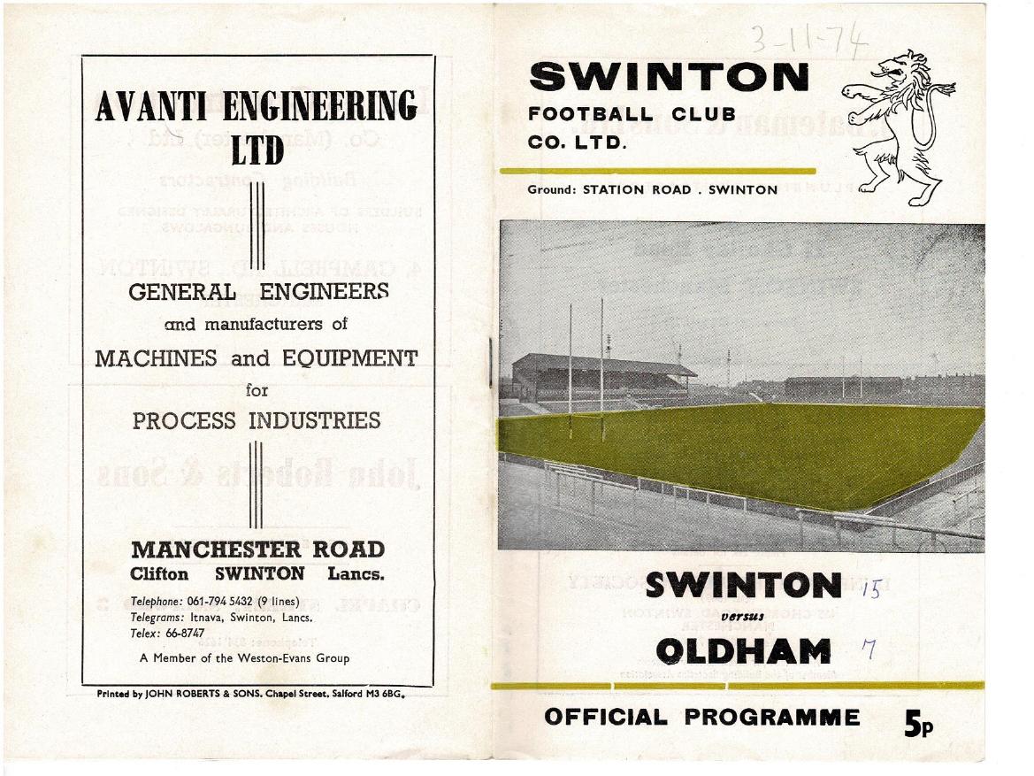 Programme cover: Oldham v Swinton, 3 November 1974