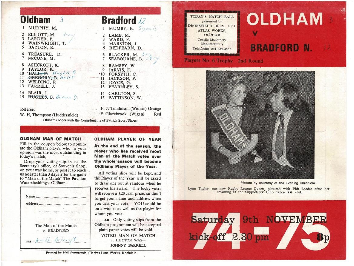 Programme cover: Oldham v Bradford Northern, 9 November 1974