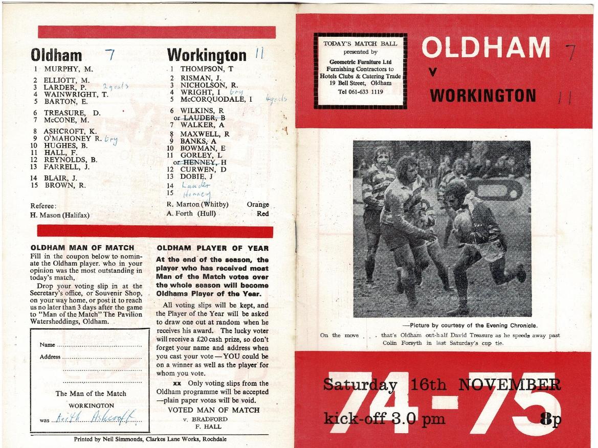 Programme cover: Oldham v Workington Town, 16 November 1974