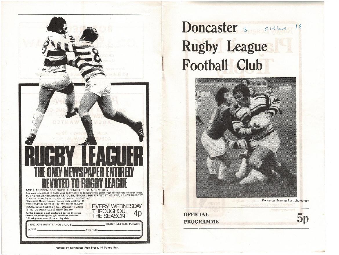 Programme cover: Oldham v Doncaster, 24 November 1974