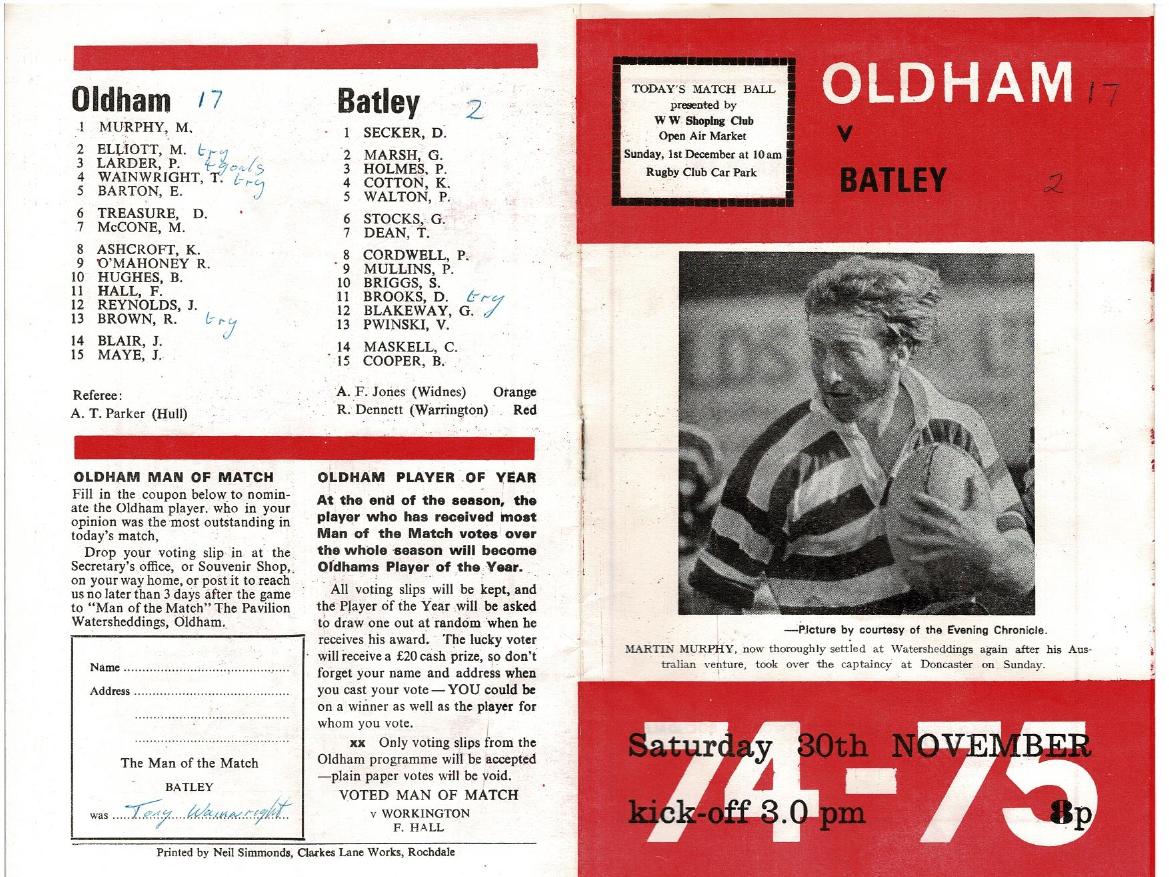 Programme cover: Oldham v Batley, 30 November 1974