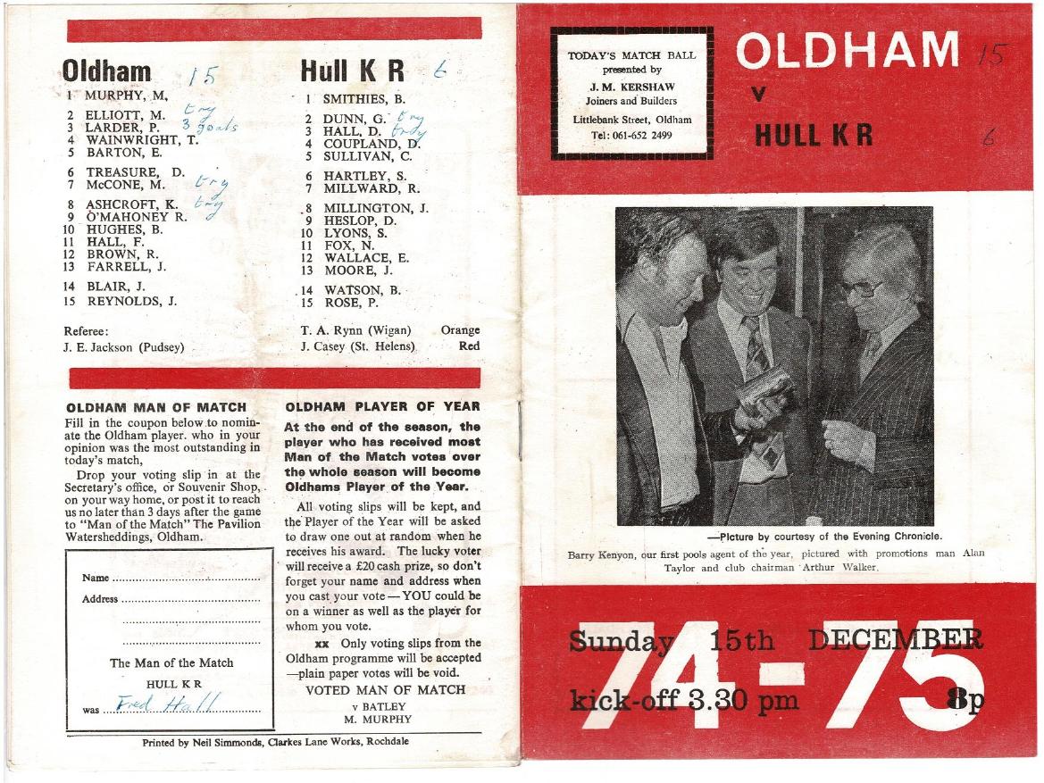 Programme cover: Oldham v Hull Kingston Rovers, 15 December 1974