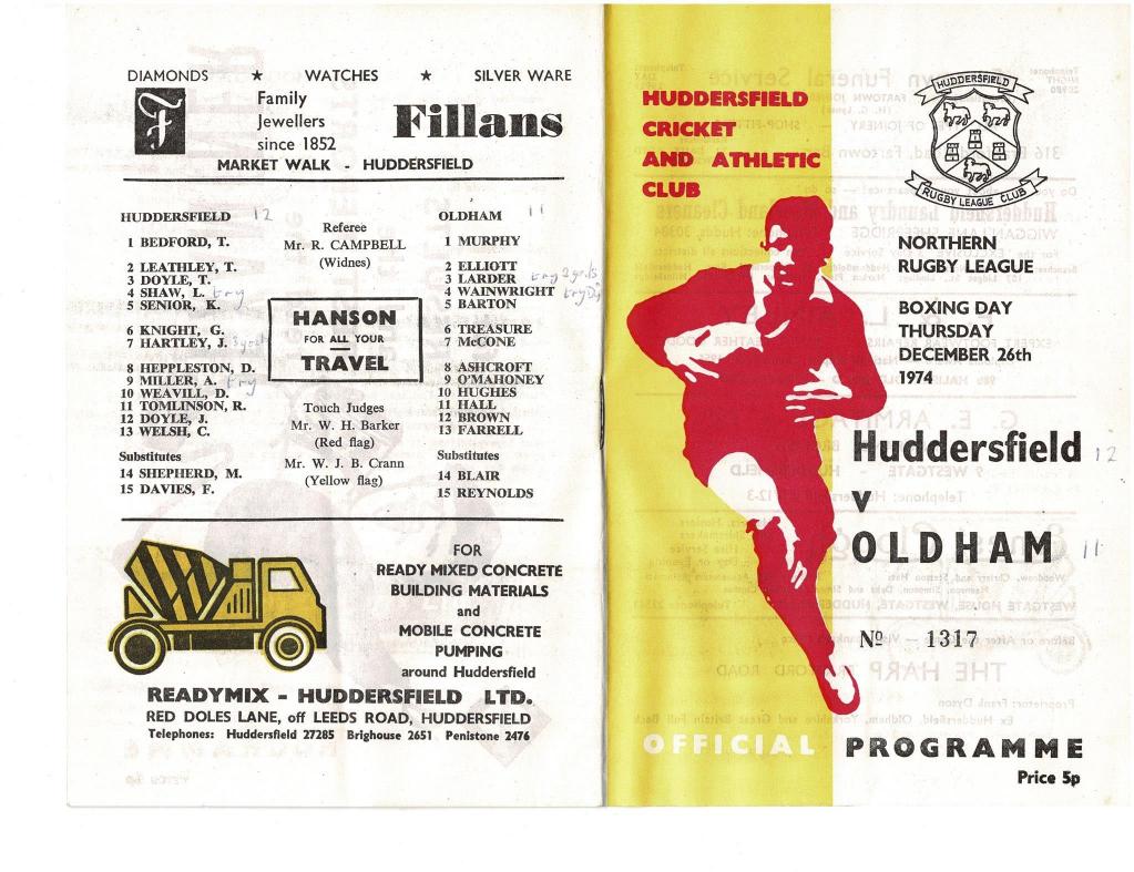 Programme cover: Oldham v Huddersfield, 26 December 1974