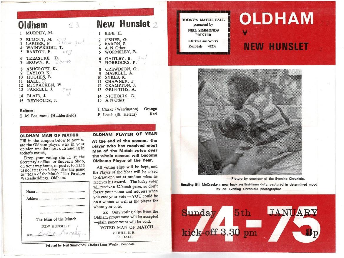 Programme cover: Oldham v New Hunslet, 5 January 1975