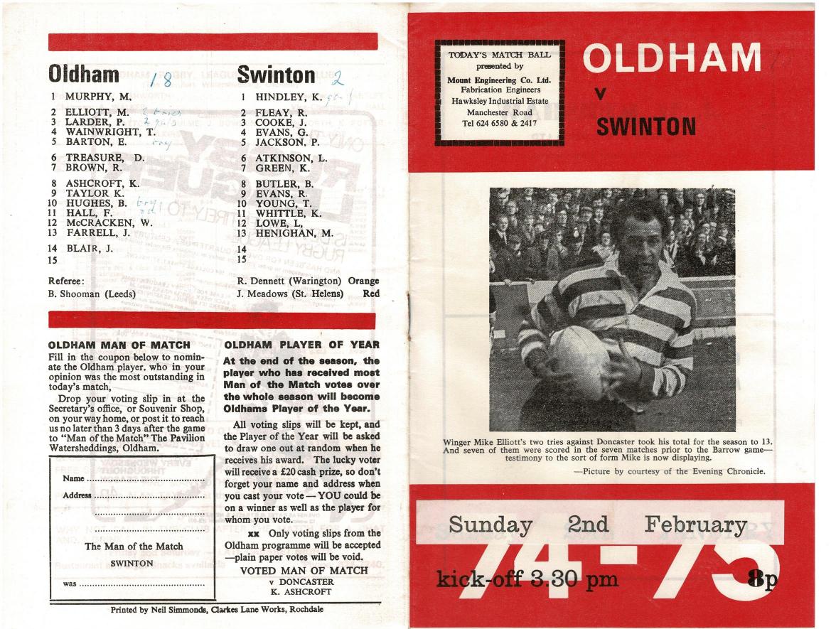 Programme cover: Oldham v Swinton, 2 February 1975