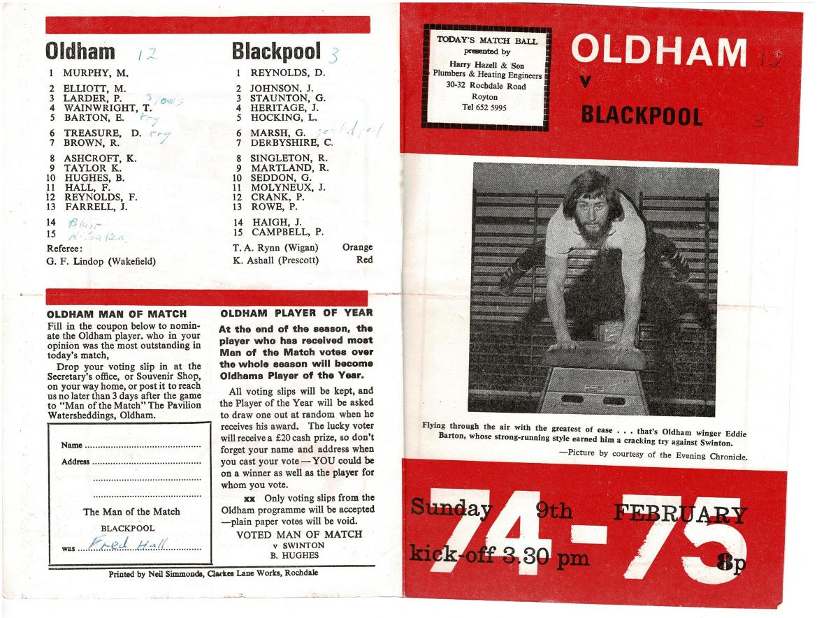Programme cover: Oldham v Blackpool Borough, 9 February 1975