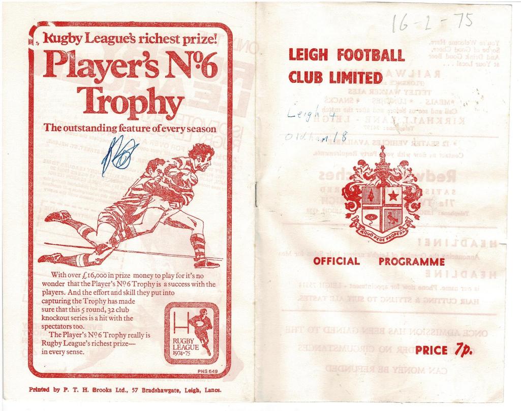 Programme cover: Oldham v Leigh, 16 February 1975