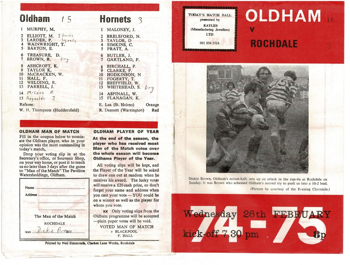 Programme cover: Oldham v Rochdale Hornets, 26 February 1975