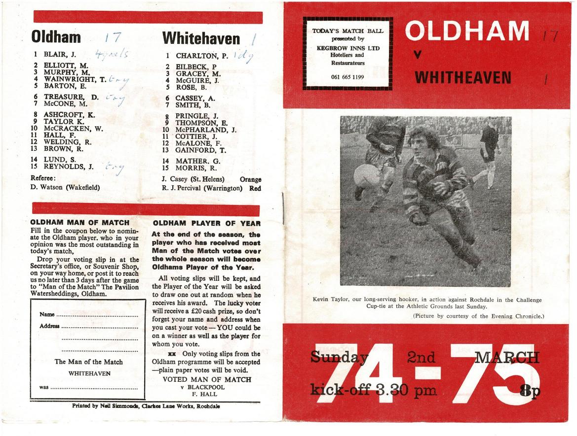 Programme cover: Oldham v Whitehaven, 2 March 1975