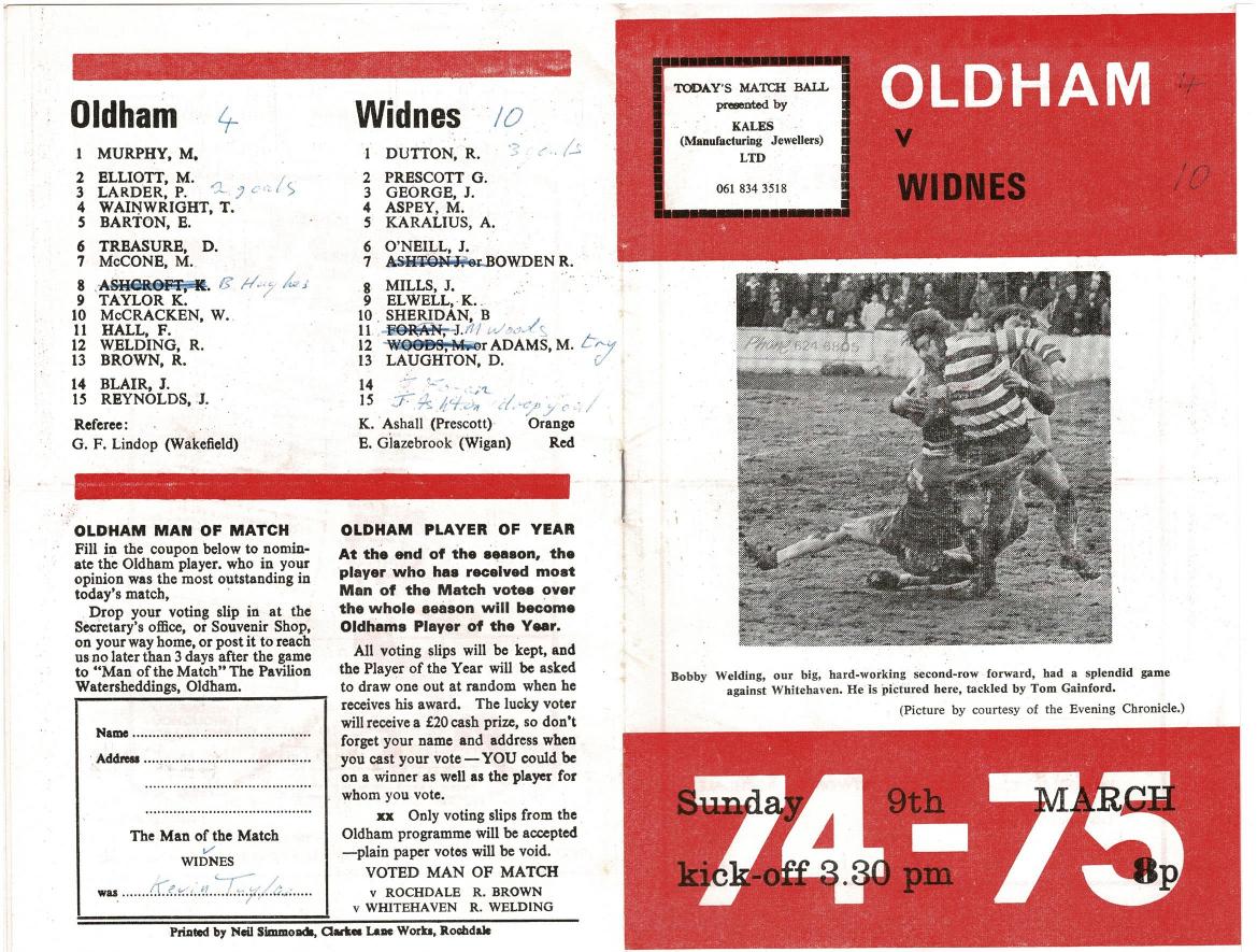 Programme cover: Oldham v Widnes, 9 March 1975