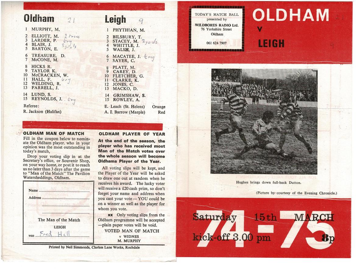 Programme cover: Oldham v Leigh, 15 March 1975