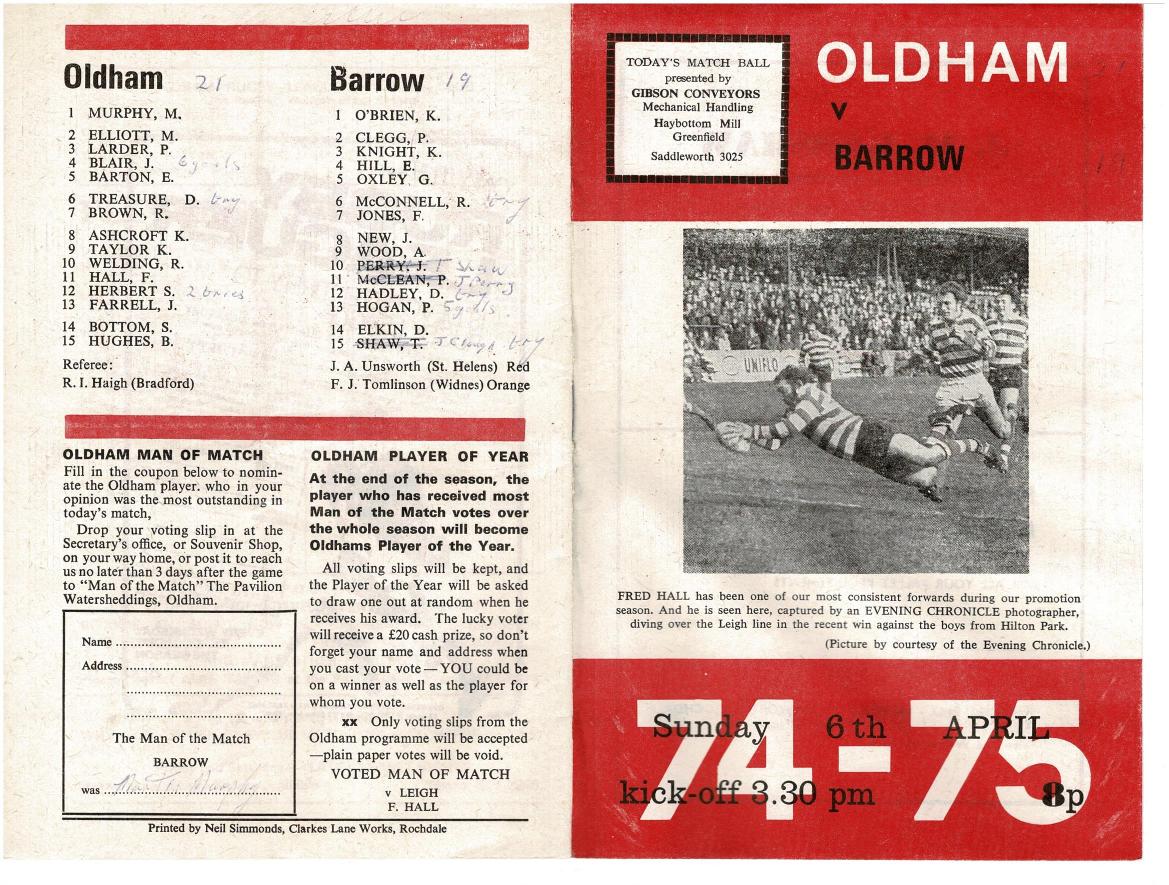 Programme cover: Oldham v Barrow, 6 April 1975